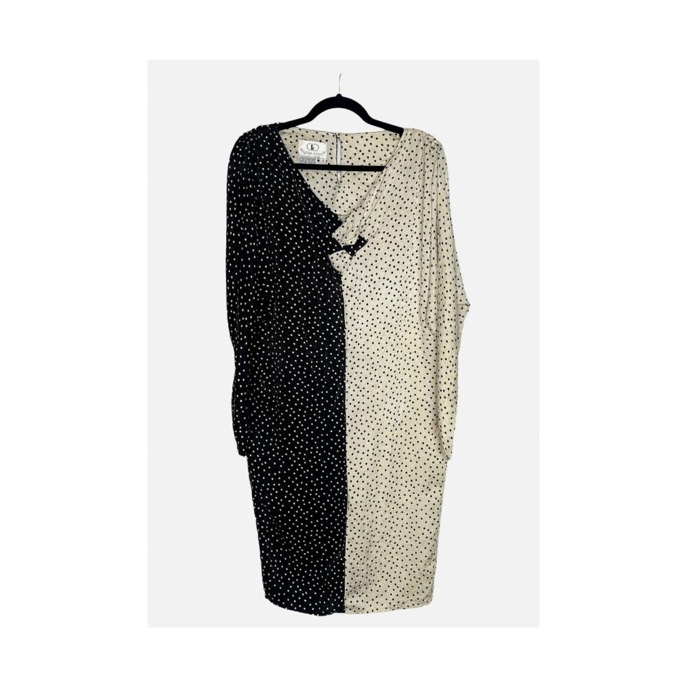 Flora Kung New York 8 100% Silk Polka Dot Dolman Sleeve Dress Black Cream 1980s - Picture 9 of 13
